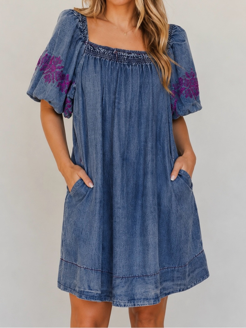 Easel Washed Denim Embroidered Puff Sleeve Dress Medium - Picture 2 of 16
